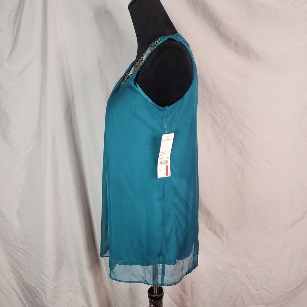 New w/tag NY COLLECTION Size Medium Teal Pleated Chiffon Beaded Sleeveles Blouse - Picture 3 of 12